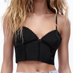 ZARA POPLIN TOP WITH LACE‎ TRIMS BLACK M NWT